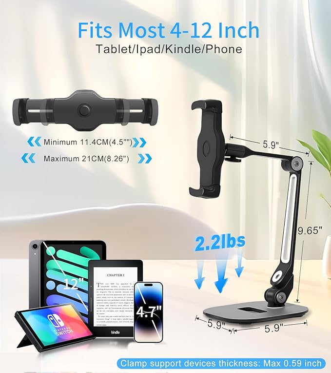 Adjustable Desk Tablet Stand, 360° Swivel iPad Kiosk Stand Fits for 4.7"-12" iPad Air mini Pro, iPhone, Samsung POS, Kindle, Aluminu Alloy Foldable Arm Holder for Store Kitchen Desktop, Black