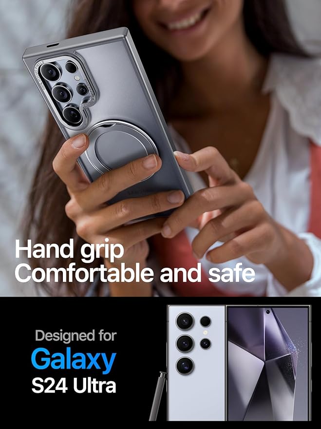 QTlier for Samsung Galaxy S24 Ultra Case, 360° Rotatable Magnetic Ring Stand Case, [Military-Grade Protection] [Raised Camera Frame] Case for Samsung Galaxy S24 Ultra, Matte Translucent Grey