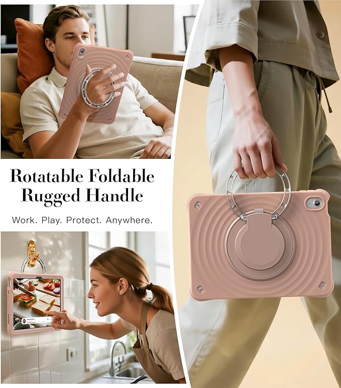 BRAECN Ripple Case for iPad (A16)11th/10th Generation 11/10.9 inch 2025/2022 Zinc Alloy Handle Ring Stand Protective Heavy Duty Screen Protector 360°Rotating 180°Folding Shoulder Strap Full-Body Cover