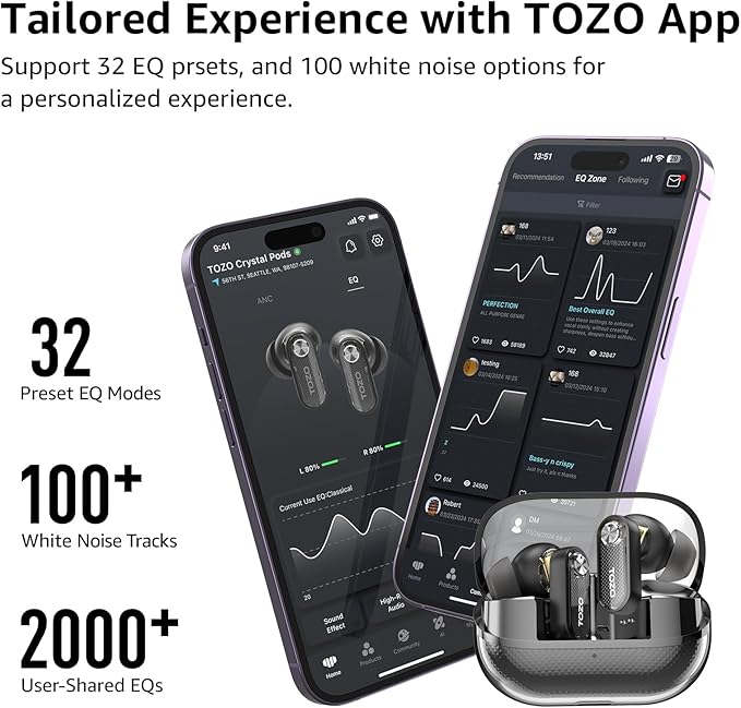TOZO Crystal Pods Hybrid Active Noise Cancelling Wireless Earbuds, 10mm Drivers Deep Bass Stereo Sound, 4 Mics Smart ENC AI Calls, 32 EQ via App, Bluetooth 5.4 Headphones, Crystal Case Design