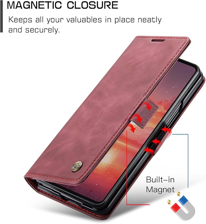 Wallet Case for Samsung Galaxy Z Fold 7 Leather Wallet Flip Cover with Card Holder, Kickstand, Magnetic Closure, RFID Blocking TPU Shockproof Phone Case Compatible with Galaxy Fold 7, Red