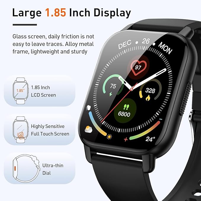 Smart Watch for Men Women, 1.85" HD Touchscreen Fitness Tracker with Bluetooth Calling, Fitness Watch with 24/7 Heart Rate/Sleep Monitor, 120+ Sports Modes, IP68 Waterproof Smartwatch for Android iOS