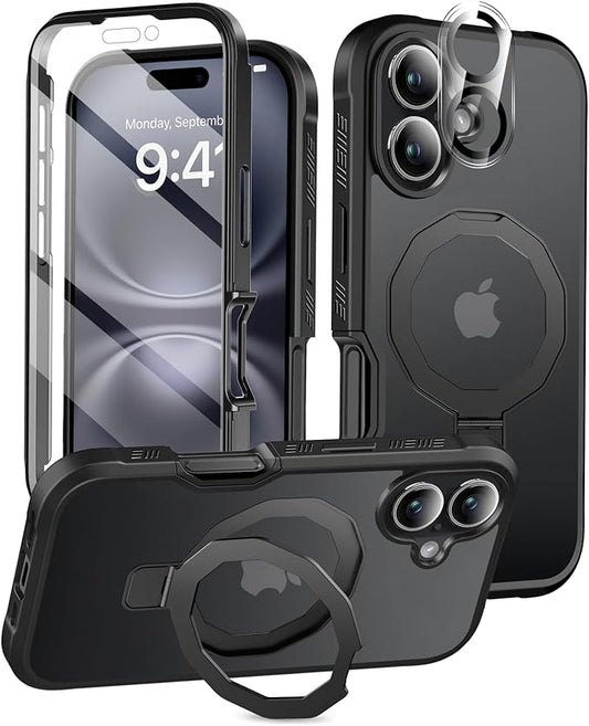 Compatible with iPhone 16 Plus Case, Built-in Screen Protector & Seamless Stand, with Camera Lens Protector, Strong Magnetic Matte Phone Case, Full Body Protective Cover for 6.7 Inch (Black)