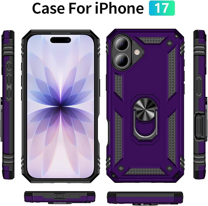 ADDIT Compatible with iPhone 17 Case with Tempered Glass Screen Protector, Adjustable Kickstand Ring, Military-Grade Heavy Duty Protection, Shockproof, Anti-Fingerprint,Purple