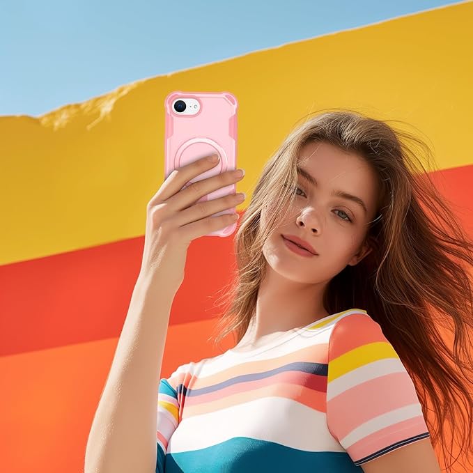 Designed for iPhone 16E Case with Magnetic Stand [Military Drop Protection][Compatible with Magnet] Shockproof 16E Phone Case with Ring Holder, Pink