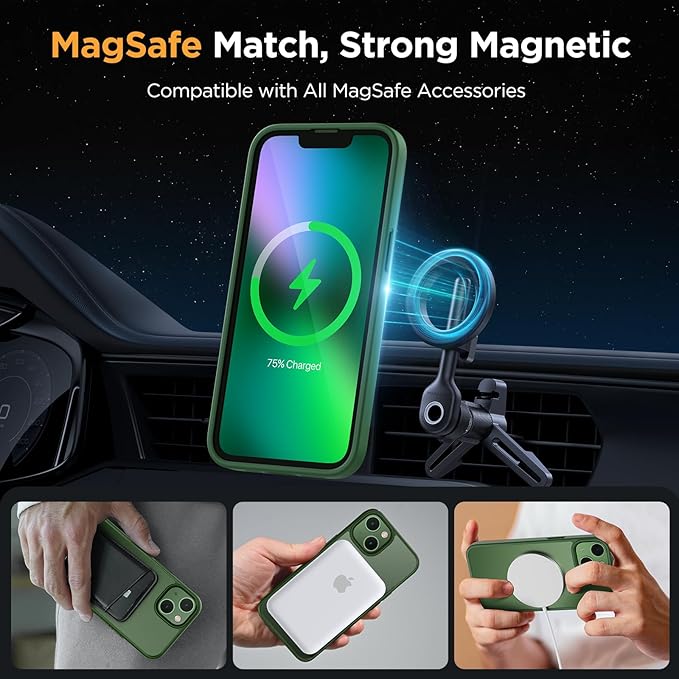 Miracase Magnetic for iPhone 13 Case 6.1 inch (Compatible with MagSafe)（with 2X Screen Protectors） Military-Grade Protection, Anti-Fingerprint Translucent Matte Phone Case Cover, Dark Green