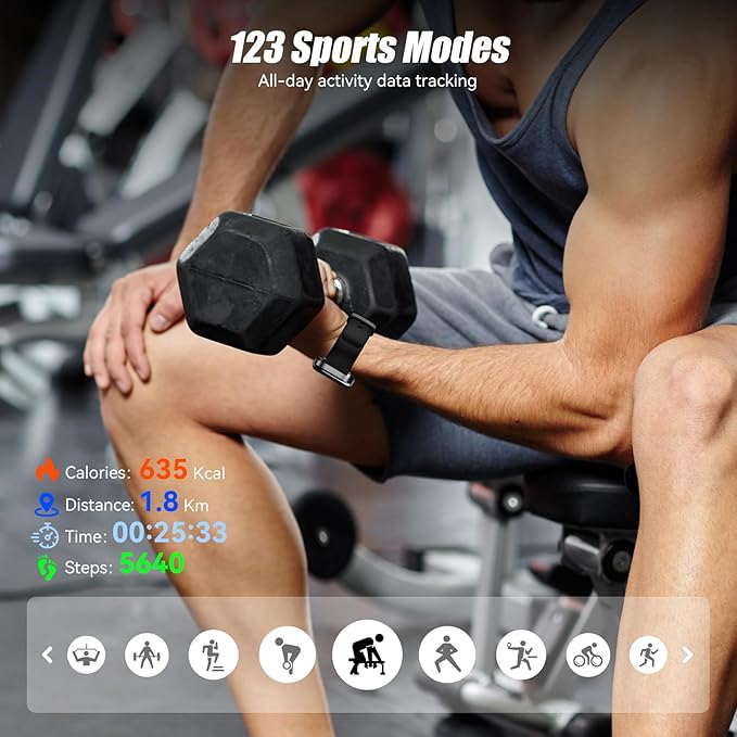 Smart Watch, 2.01" HD Touchscreen Fitness Watch, Bluetooth Calls, 120 Sports Modes Activity Tracker, 24/7 Heart Rate & Sleep Monitor, IP67 Waterproof, iOS Android Compatible (Black)