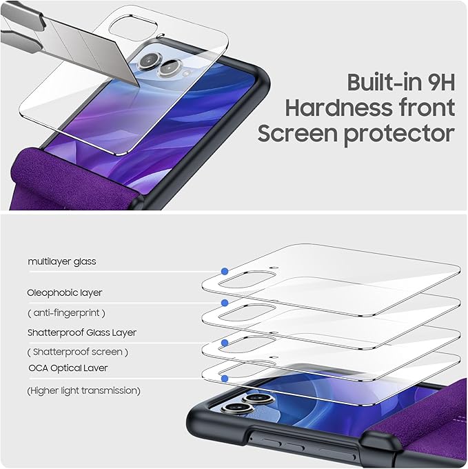 for Motorola razr+ Plus 2024 Case/Razr+ Plus 2025 Case Built-in Screen Protector& Hinge Protection & Ultra Thin PU Leather Matte PC Shockproof Phone Case for Moto Razr+ 2024/Razr+ 2025 (Purple)