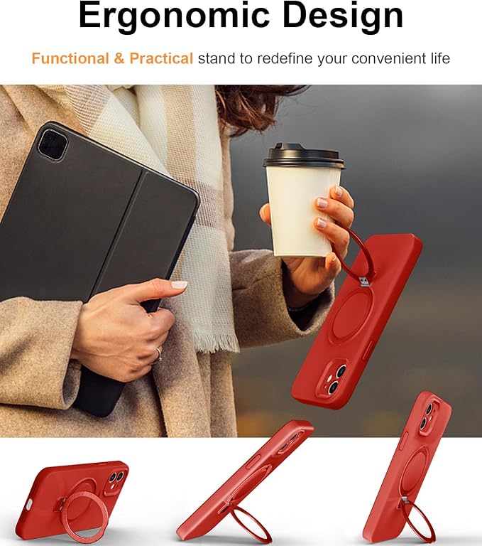 ZHK Liquid Silicone Designed for iPhone 12 Case with Magnet Stand, [Precise Camera Lens Protection][Mil-Grade Drop Shockproof][Soft Anti-Scratch Microfiber Lining] Slim Fit Cover, Red