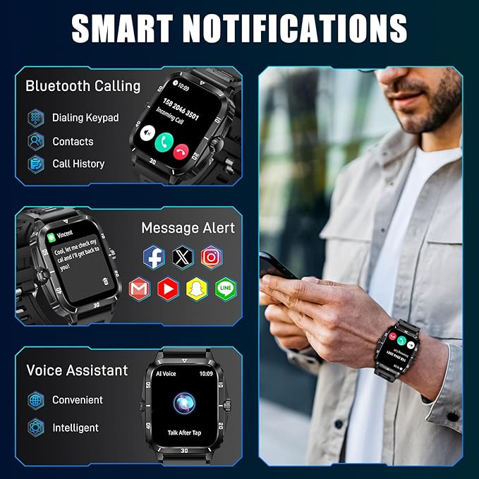 Military Smart Watches for Men (Make/Answer Call) 1.96" Screen Outdoor Activity Tracker with 100+ Sport Modes Health Monitor 3ATM Waterproof Smartwatch