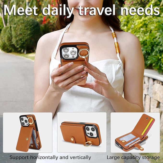 Compatible iPhone 16 Pro Max Wallet Case with Card Holder RFID Blocking PU Leather Doubles as a Wallet Unisex Flip Shockproof Protection with Card Slots Ring Wrist Kickstand Function,Brown