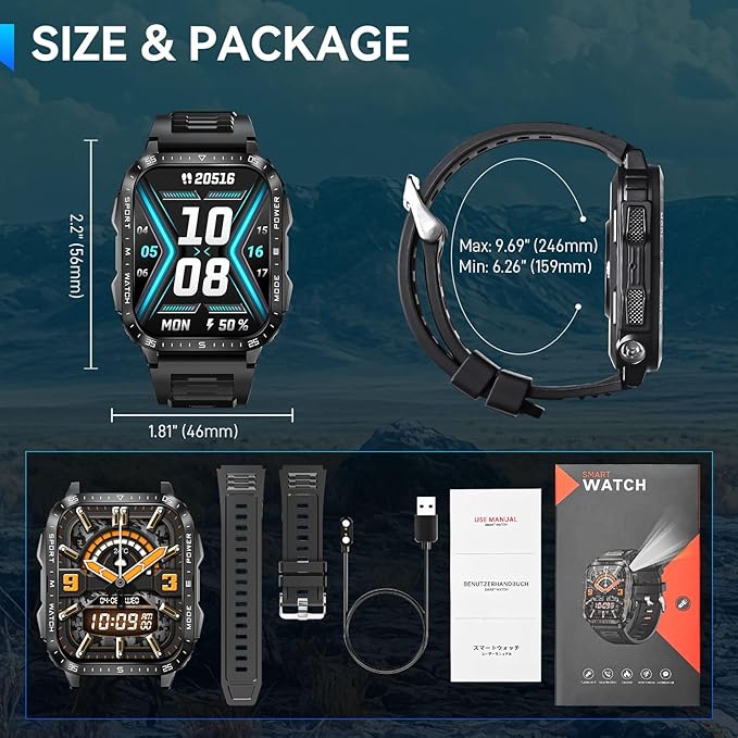 Military Smart Watch for Men with LED Flashlight Watch 2.0'' Big Screen Tactical Smartwatch 430mAh Big Battery Fitness Tracker with Heart Rate Sleep Monitor for iPhone Android