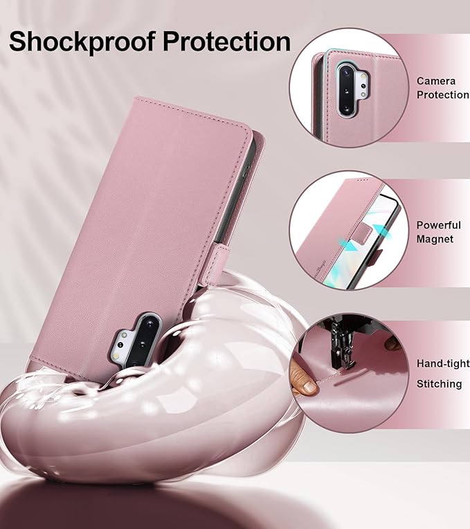 Wallet Flip Case for Samsung Galaxy Note 10 Plus/Note10+ - [RFID Blocking] Luxury PU Leather Card Holder Magnetic Phone Cover with Kickstand,Shockproof Protective Case,Pink
