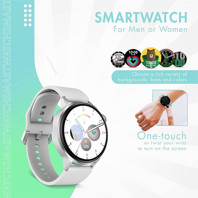 Smart Watch for Men & Women - Android Phones, Make/Answer Calls, Messaging, Voice Assistant, NFC Functions, Wireless Charging, Long Battery Life, Silver
