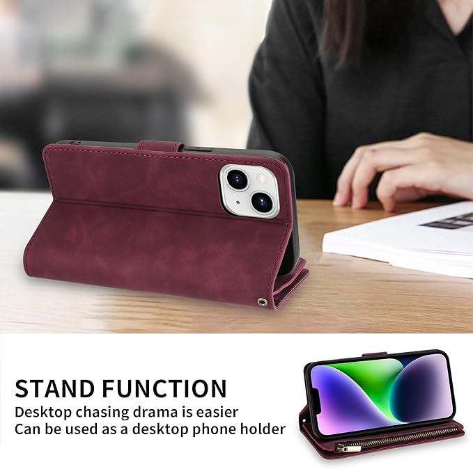 ZZXX for iPhone 14 Plus Case Wallet with [RFID Blocking] Card Slot Premium PU Leather Zipper Flip Folio with Wrist Strap Kickstand Protective Cover for iPhone 14 Plus Wallet Case(Wine Red-6.7 inch)