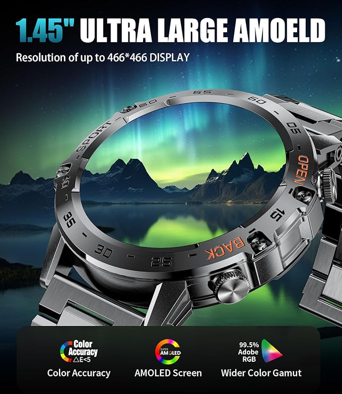 Military Smart Watch for Men(Answer/Dial Calls),1.45'' AMOLED/100 Sports Modes, 5ATM Waterproof Fitness Watch with Heart Rate/SpO2/Sleep Tracker for Android and iOS,530MAH Smartwatch Black Steel