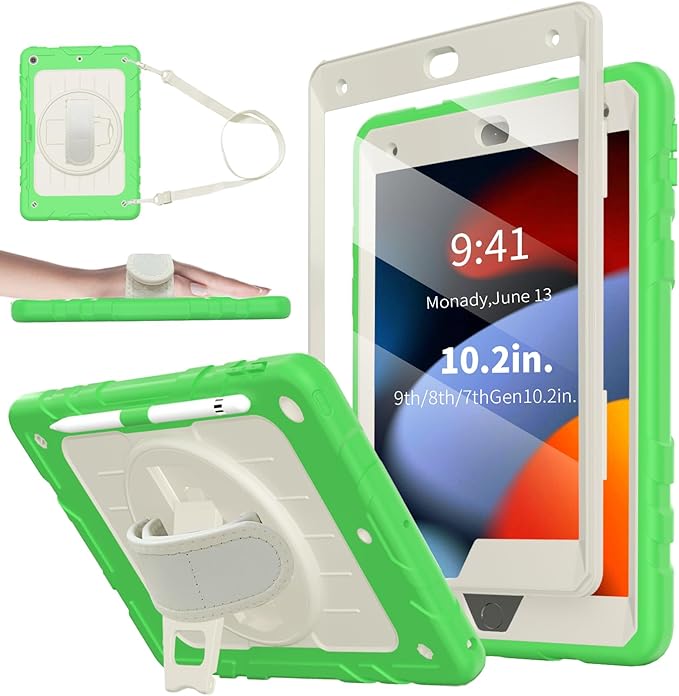 Case for iPad 9th/8th/7th Generation-Built-in Screen Protector,with Pencil Holder&360°Rotating Hand Strap,Shoulder Strap,Case for iPad 10.2 inch 2021-2019(Green/Beige)