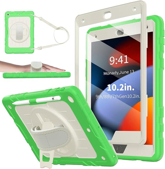 Case for iPad 9th/8th/7th Generation-Built-in Screen Protector,with Pencil Holder&360°Rotating Hand Strap,Shoulder Strap,Case for iPad 10.2 inch 2021-2019(Green/Beige)