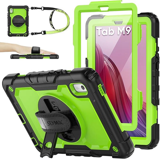 SEYMAC stock Case for Lenovo Tab M9 (TB-310FU) 2023 with Screen Protector, Drop-Proof Protection Cover with 360° Rotating Stand &Strap [Pen Holder] Case for Lenovo Tab M9 9'' (Green+Black)