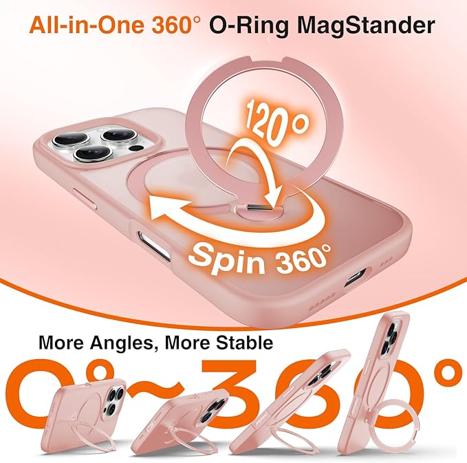 360° O-Ring MagStander for iPhone 16 Pro Case with Magnetic Kickstand Ring Holder [Compatible with MagSafe][360°Rotate Stand Ring][Military Shockproof] iPhone 16 Pro Phone Cover Matte Pink