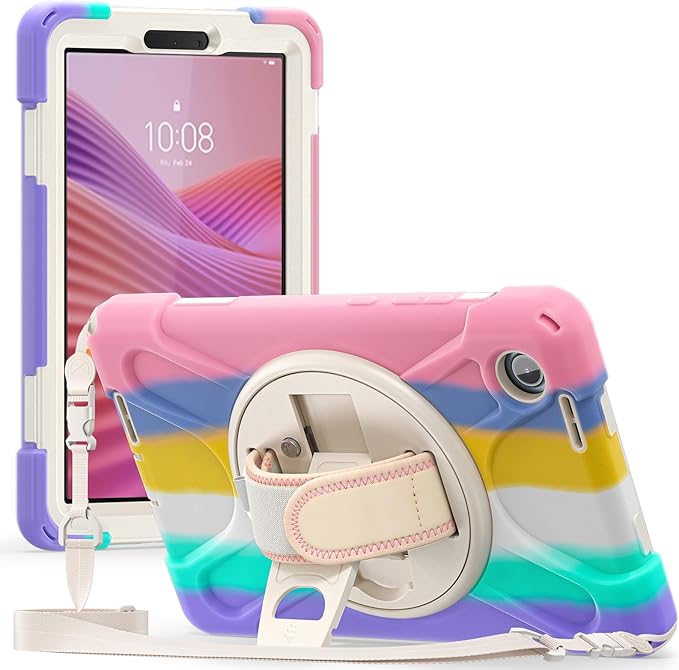 ProCase Rugged Case for Lenovo Tab One/K9 8.7 Inch 2025, Heavy Duty Shockproof Rugged Protective Cover Rotating Kickstand with Handle Holder Shoulder Strap for Lenovo Tab One/K9 -Colorful