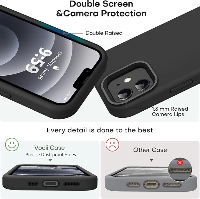 Vooii Compatible with iPhone 12 Case/iPhone 12 Pro Case, Liquid Silicone Upgrade [Soft Anti-Scratch Microfiber Lining] [Shockproof Drop Protection] Phone Case 6.1 inch - Black