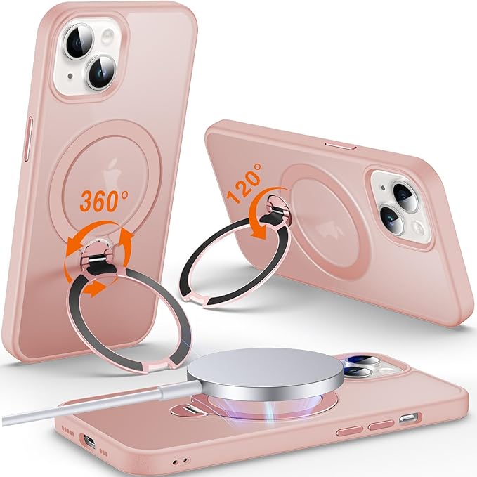 360° O-Ring MagStander for iPhone 15 Case with Magnetic Kickstand Ring Holder [Compatible with MagSafe][360°Rotate Stand Ring][Military Shockproof] Magnet iPhone 15 Phone Cover Matte Pink