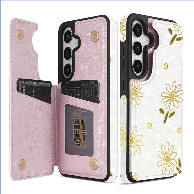 NNH Compatible with Samsung Galaxy S25 Wallet Case with RFID Blocking Card Slots Folio Flip PU Leather Kickstand Double Magnetic Clasp Design Cover for Galaxy S25(6.2 inch-White Little Daisy)