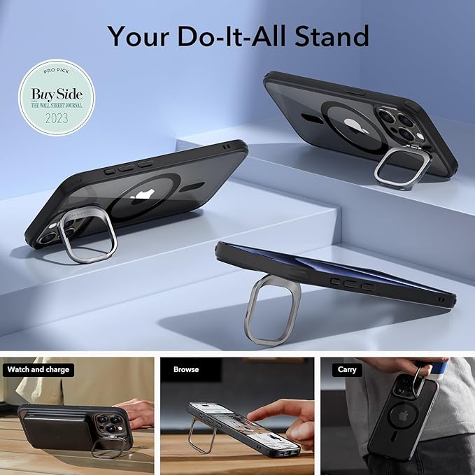 ESR for iPhone 15 Pro Max Case, Compatible with MagSafe, Military-Grade Protective Case, Built-in Stash Stand Phone Case, Scratch-Resistant Back Cover, Classic Series,Clear Black
