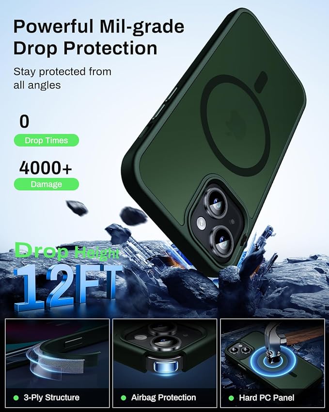 Magnetic for iPhone 13 Case & iPhone 14 Case, Compatible with MagSafe, Military Grade Drop Protection, Slim Fit Shockproof Anti-Fingerprint Translucent Matte Phone Protective Cover, Deep Green