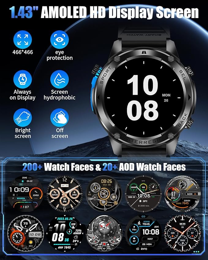 Military Smart Watch for Men with GPS, 1.43" AMOLED Smart Watch with Bluetooth Call, 5ATM Waterproof, 170+ Sports Modes, 500mAh Heart Rate/Sleep/SpO2 Monitor, Fitness Tracker for Android iOS