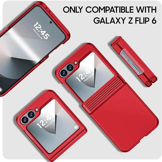 CENMASO for Galaxy Z Flip 6 Case/Z Flip 7 FE Case with Hinge Protection & Built-in Screen Protector, Ultra-Thin Full-Body Shockproof Protection Phone Case for Z Flip 6/Flip 7 FE-Red
