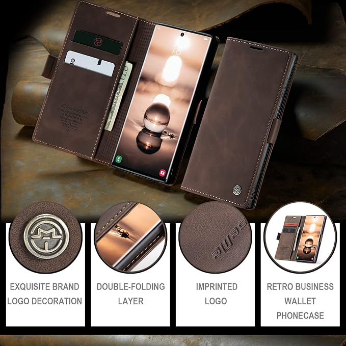 for Samsung Galaxy S22 Ultra Case, Flip Wallet Leather Case with Card Holder Magnetic Closure Shockproof Kickstand Protective Phone Cases Cover for Samsung S22 Ultra,Coffee