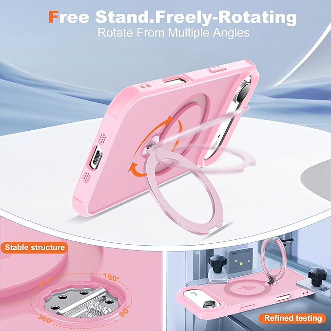 Compatible with iPhone 17 Air Case with Invisible Magnetic 360°Spin Stand,Military-Grade Shockproof Protection [Compatible with Mag-Safe] Non-Slip Edge Translucent Case (6.5",Pink)