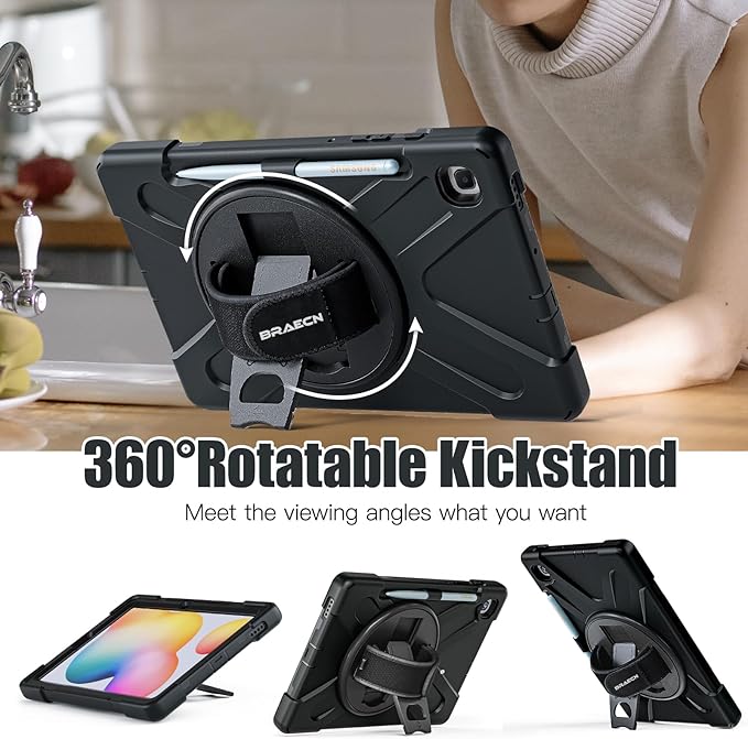 BRAECNstock for Samsung Galaxy Tab S6 Lite Case 10.4 Inch 2024/2022/2020 (SM-P620/P610/P619) Shockproof Rugged Protective Tab S6 Lite Kids Case with Pencil Holder, Rotating Stand & Hand Strap - Black