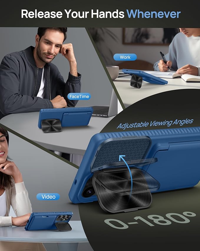 for Samsung Galaxy S25 Ultra Case with Card Holder, Built-in Stand & Camera Lens Cover, Shockproof Rugged Silicone Raised Edge Protective Wallet Phone Case for Samsung S25 Ultra 2025, Blue