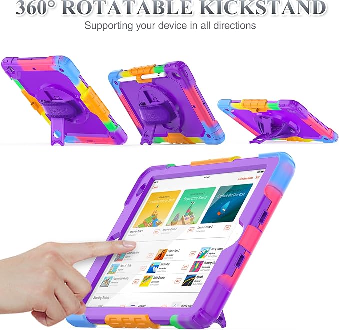 SEYMAC stock Case for iPad 9th/ 8th/ 7th Generation 10.2'', Shockproof with Screen Protector, Pencil Holder [360° Rotating Hand Strap] & Stand, for iPad 10.2 inch 2021-2019 (Purple+Colorful)
