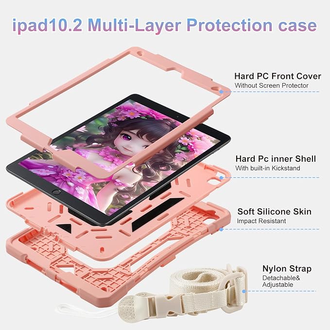 for iPad 10.2 inch Shockproof Case with 360 Rotating Grip Magic Stand, Pen Slot/Keychain/Carrying Shoulder Strap,Case for iPad 9th/8th/7th Gen