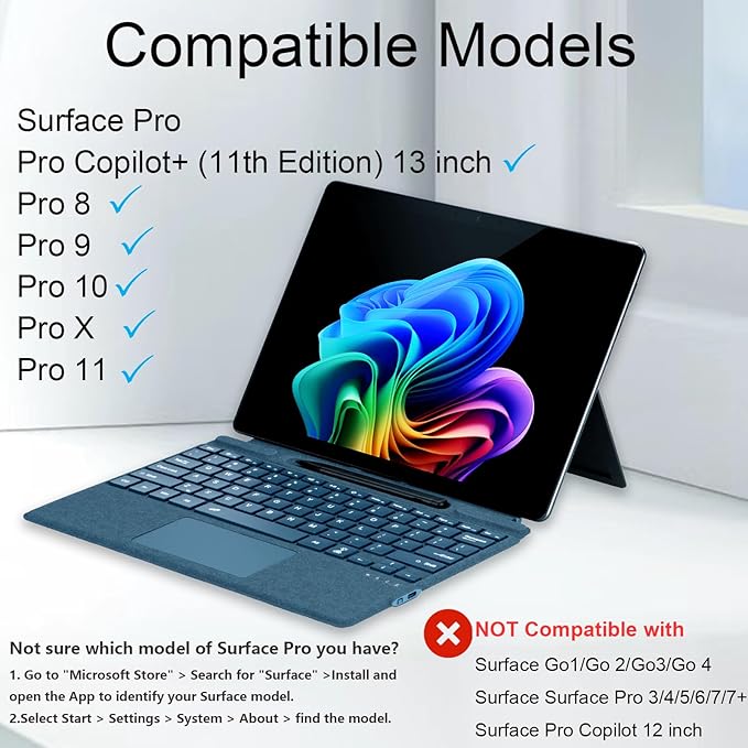 mobee Type Cover for Microsoft Surface Pro 13 inch, Compatible with Surface Pro 13"(11th Edition) / Pro 11 / Pro 10 / Pro 9 / Pro 8 / Pro X, Slim Keyboard with Trackpad Mouse, Backlit, & Pen Holder