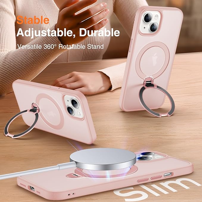 360° O-Ring MagStander for iPhone 15 Case with Magnetic Kickstand Ring Holder [Compatible with MagSafe][360°Rotate Stand Ring][Military Shockproof] Magnet iPhone 15 Phone Cover Matte Pink