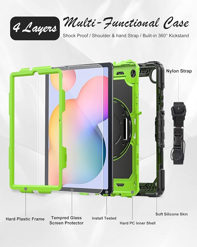 Case for Samsung Galaxy Tab S6 Lite Case 10.4" [with Tempered Glass Screen Protector] 2024/2022/2020 (SM-P610/P615/P613/P619), Rotating Kickstand, Shoulder & Hand Strap (Green)