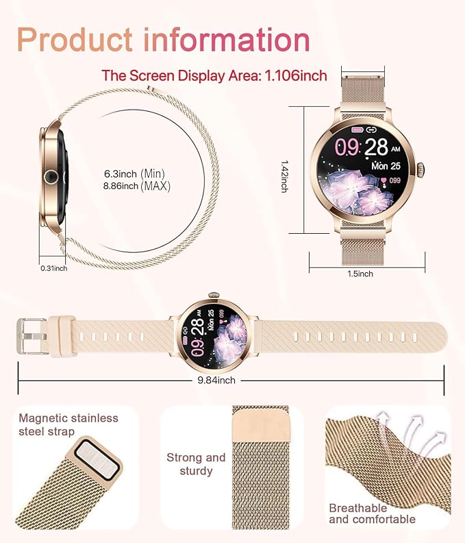 Smart Watches for Women, 1.106" AMOLED Small Screen Smartwatch Answer/Make Call for Android iOS Phones, IP68 Waterproof Fitness Activity Tracker with 100+ Sports, Heart Rate, SpO2, Rose Gold