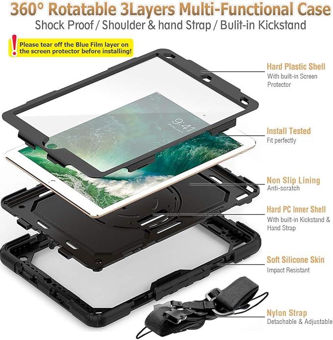 SEYMAC stock Case for iPad Air 3 2019 / Pro 10.5'' with Screen Protector Pen Holder [360° Rotate Hand Strap/Stand], Drop-Proof Case (Black)