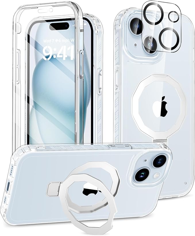 Compatible with iPhone 15 Plus Case, Built-in Screen Protector & Seamless Stand, with Camera Lens Protector, Strong Magnetic Clear Phone Case, Full Body Protective Cover for 6.7" (Clear)