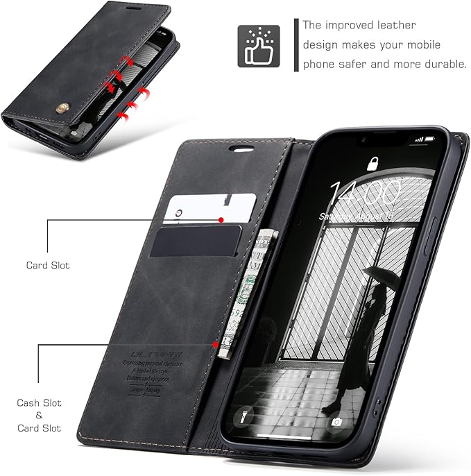 QLTYPRI Case for iPhone 16e, Vintage PU Leather Wallet Case Card Slot Kickstand Magnetic Closure Shockproof Flip Folio Cover for iPhone 16e - Black