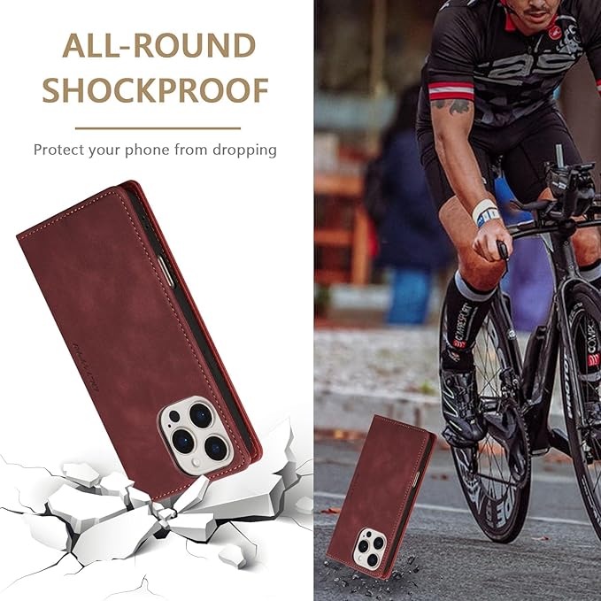 QLTYPRI for iPhone 16 Pro Case Wallet with Card Holder, Vintage PU Leather Kickstand Magnetic Closure Shockproof Folio Book Cover Case for iPhone 16 Pro - Retro Wine Red