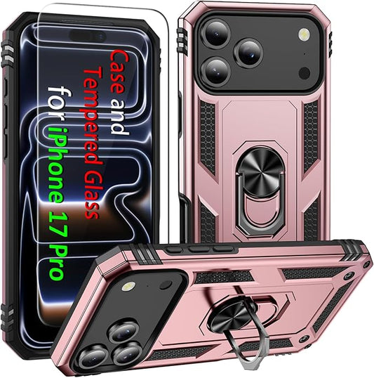 ADDIT Compatible with iPhone 17 Pro Case with Tempered Glass Screen Protector, Adjustable Kickstand Ring, Military-Grade Heavy Duty Protection, Shockproof, Anti-Fingerprint,Rose Gold