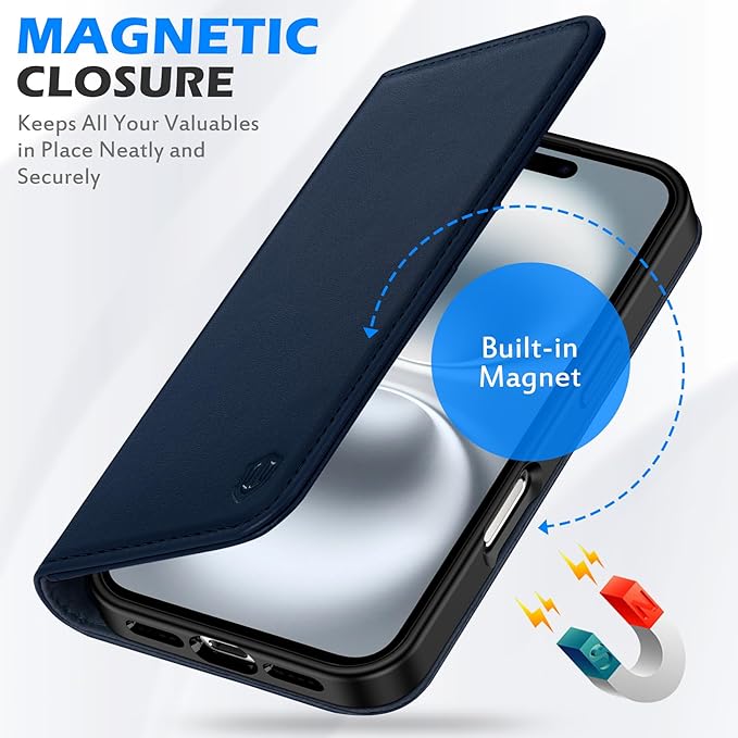 SHIELDON Case for iPhone 16 6.1" 2024, Genuine Leather Folio Wallet Magnetic Closure Kickstand RFID Blocking Card Slots Full Protection Cover Compatible with iPhone 16 5G - Nappa Navy Blue