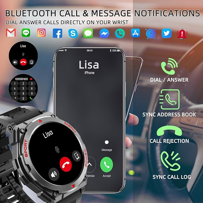 Military Smart Watch, 1.52-Inch Smartwatch with Text and Call, 24/7 Heart Rate Sleep Monitor, Blood Oxygen, and Activity Trackers - Compatible with iPhone and Android, for Men and Women