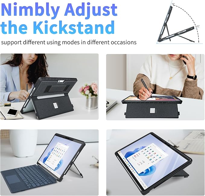 Case fit Microsoft Surface Pro 11/10/9/8 13-Inch, with Stent Cover, Hand Strap, All-in-one Rugged Case Compatible with Type Cover Keyboards, Black